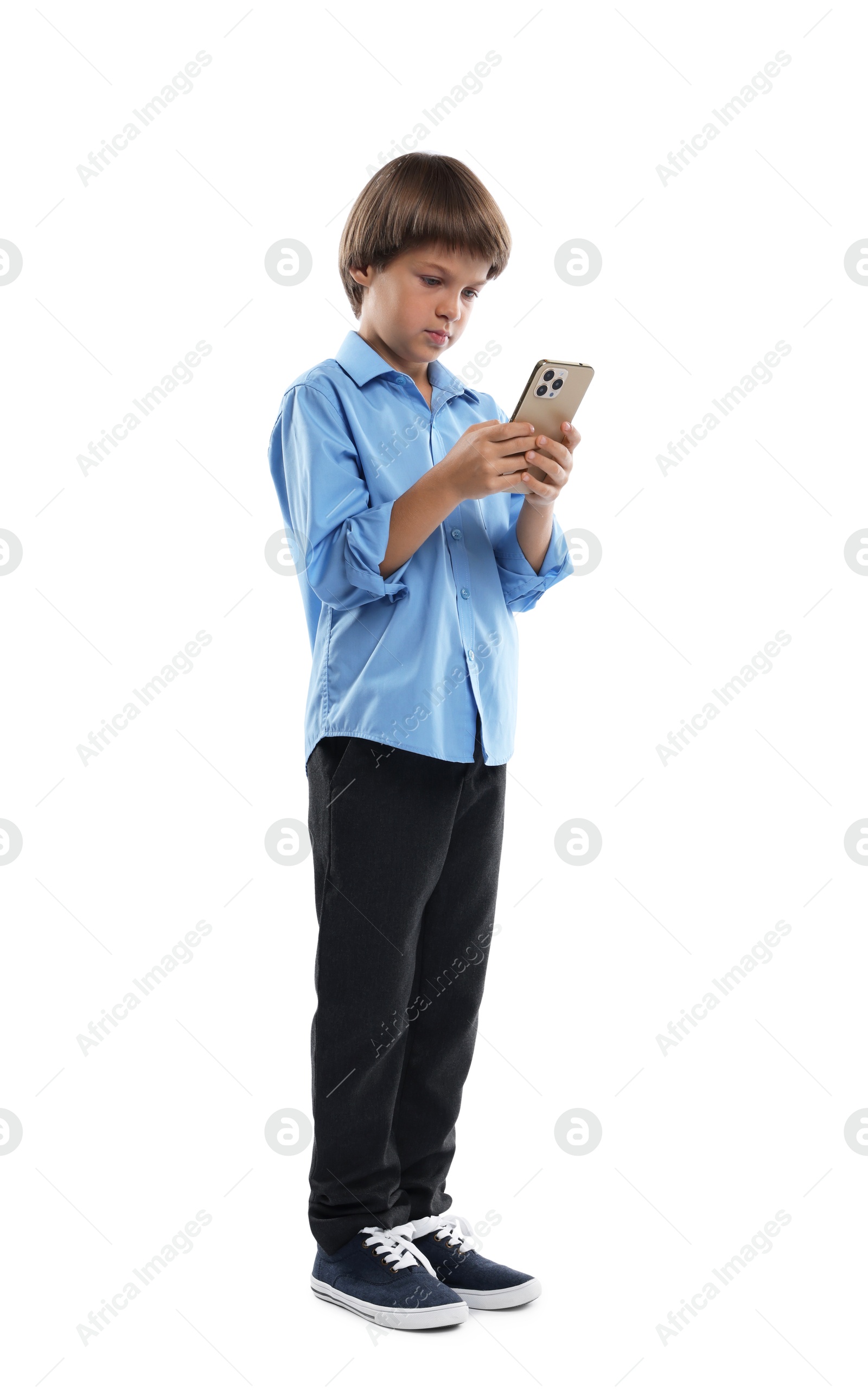 Photo of Choice of profession. Little boy with smartphone pretending to be businessman on white background