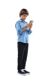 Photo of Choice of profession. Little boy with smartphone pretending to be businessman on white background