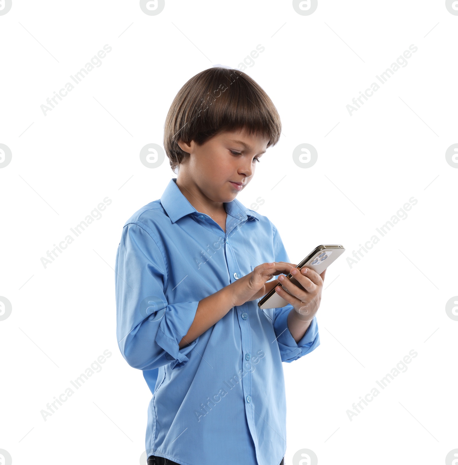 Photo of Choice of profession. Little boy with smartphone pretending to be businessman on white background