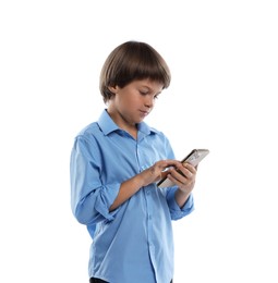 Photo of Choice of profession. Little boy with smartphone pretending to be businessman on white background