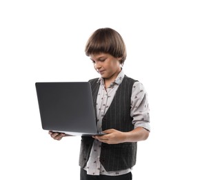 Photo of Choice of profession. Little boy pretending to work with laptop on white background