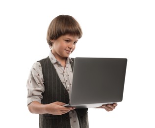 Photo of Choice of profession. Little boy pretending to work with laptop on white background