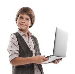 Photo of Choice of profession. Little boy pretending to work with laptop on white background