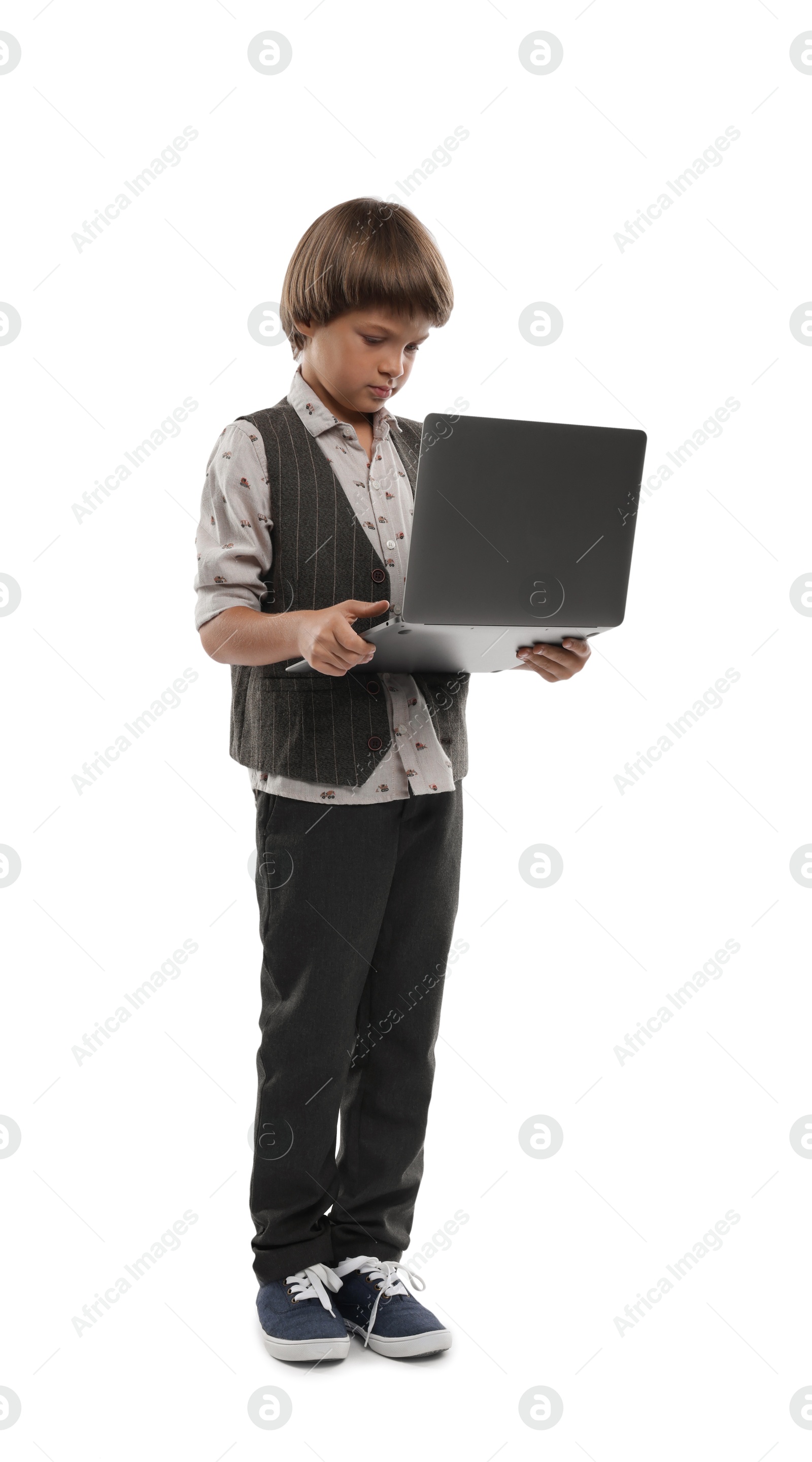 Photo of Choice of profession. Little boy pretending to work with laptop on white background