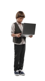 Photo of Choice of profession. Little boy pretending to work with laptop on white background