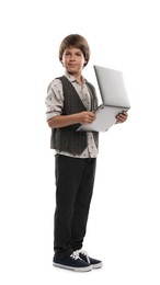 Photo of Choice of profession. Little boy pretending to work with laptop on white background