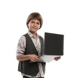 Photo of Choice of profession. Little boy pretending to work with laptop on white background