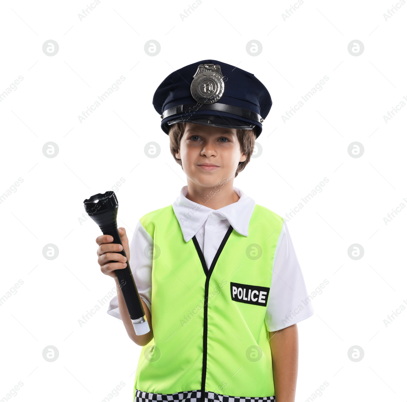 Photo of Choice of profession. Little boy in uniform with flashlight pretending to be policeman on white background
