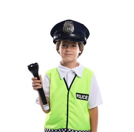 Photo of Choice of profession. Little boy in uniform with flashlight pretending to be policeman on white background