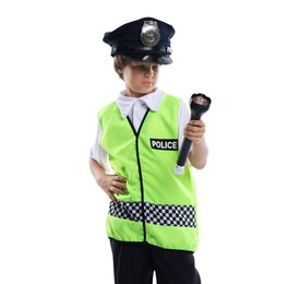 Photo of Choice of profession. Little boy in uniform with flashlight pretending to be policeman on white background