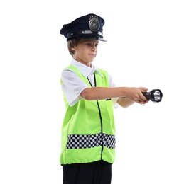 Photo of Choice of profession. Little boy in uniform with flashlight pretending to be policeman on white background