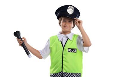 Photo of Choice of profession. Little boy in uniform with flashlight pretending to be policeman on white background