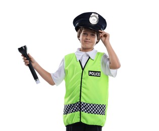 Photo of Choice of profession. Little boy in uniform with flashlight pretending to be policeman on white background