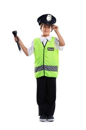 Photo of Choice of profession. Little boy in uniform with flashlight pretending to be policeman on white background
