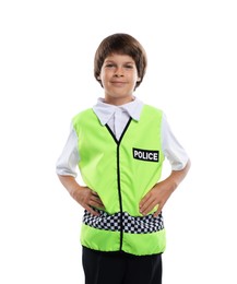 Photo of Choice of profession. Little boy in uniform pretending to be policeman on white background