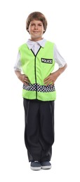 Photo of Choice of profession. Little boy in uniform pretending to be policeman on white background