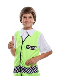 Photo of Choice of profession. Little boy in uniform showing thumbs up pretending to be policeman on white background