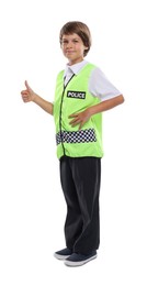 Photo of Choice of profession. Little boy in uniform showing thumbs up pretending to be policeman on white background