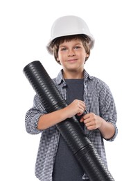 Photo of Choice of profession. Little boy in hardhat with drawing tube pretending to be architect on white background