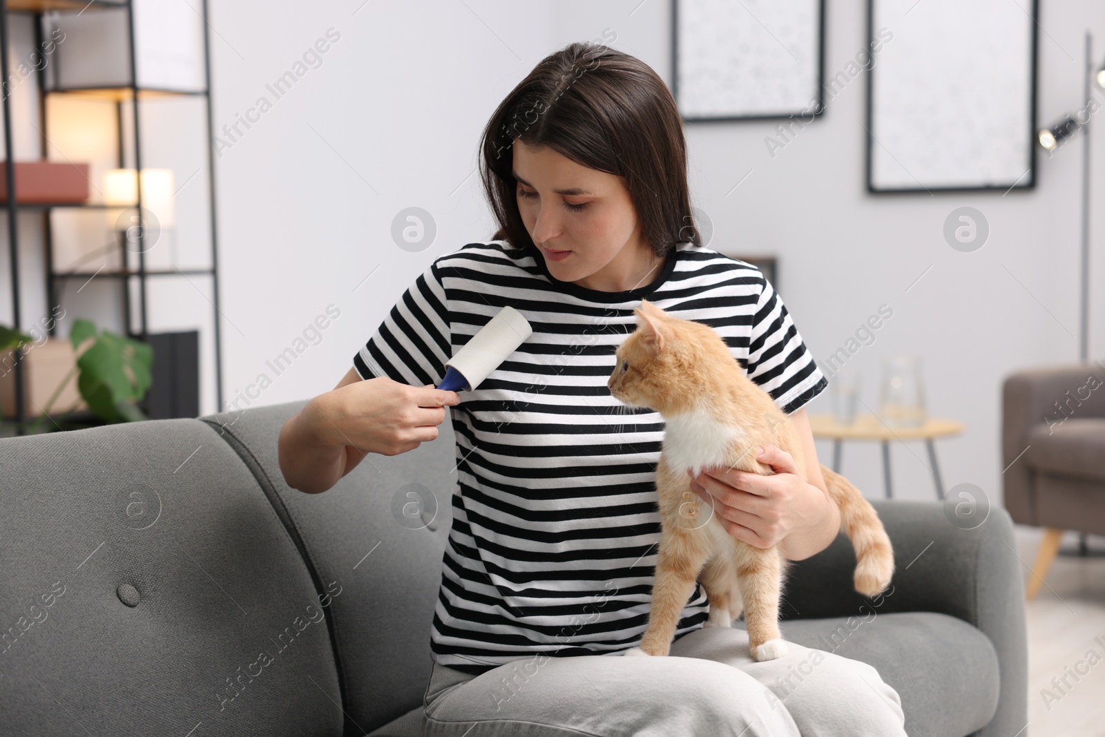 Photo of Woman with lint roller removing pet's hair from clothes and her cat on sofa at home