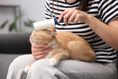 Photo of Woman rubbing down her cat with lint roller at home, closeup