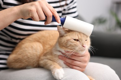 Photo of Woman rubbing down her cat with lint roller at home, closeup