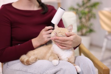 Photo of Woman with lint roller stroking her cat on armchair at home, closeup