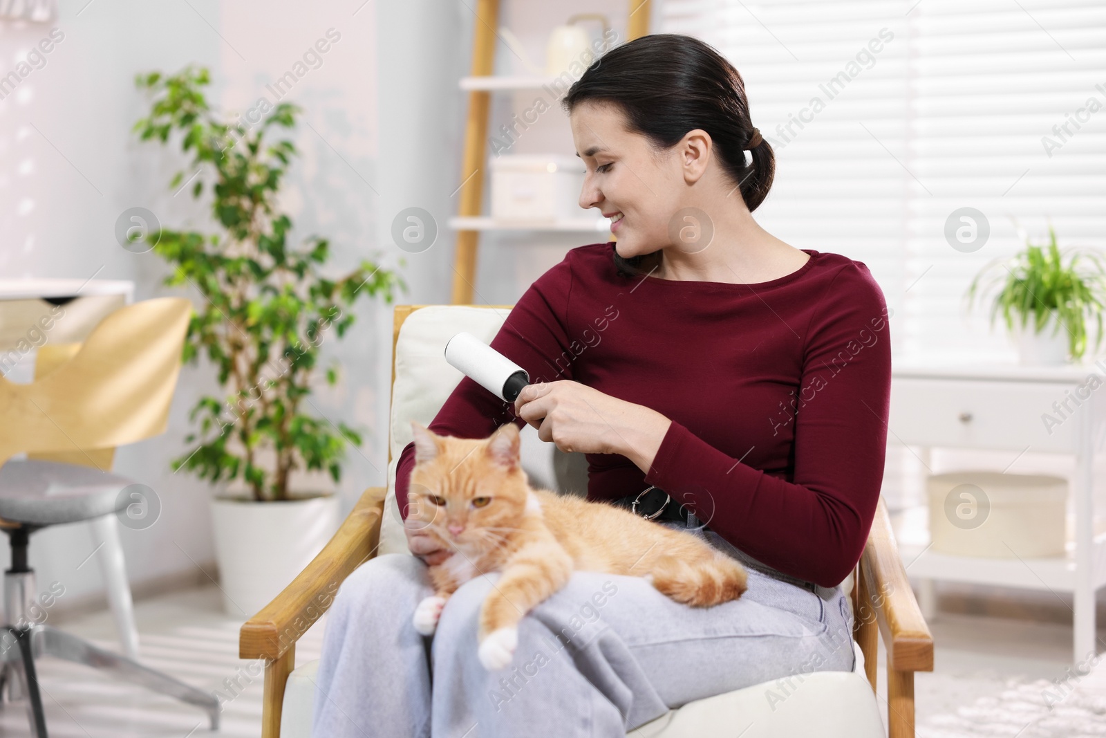Photo of Smiling woman with lint roller removing pet's hair from clothes and her cat on armchair at home