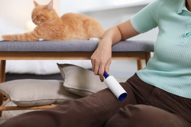 Photo of Woman with lint roller removing pet's hair from pants and her cat on bench at home, closeup