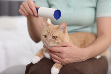 Photo of Woman rubbing down her cat with lint roller at home, closeup