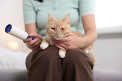 Photo of Woman with lint roller and her cat at home, closeup