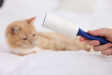 Photo of Woman with lint roller and her cat on bed, selective focus