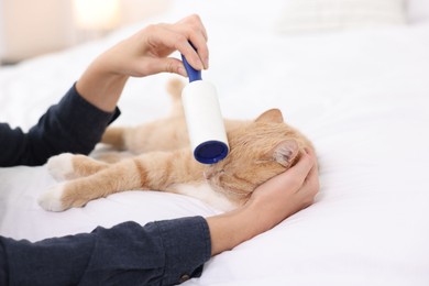 Photo of Woman rubbing down her cat with lint roller on bed at home, closeup