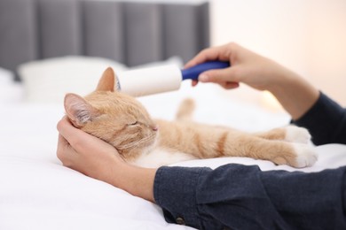 Photo of Woman rubbing down her cat with lint roller on bed at home, closeup