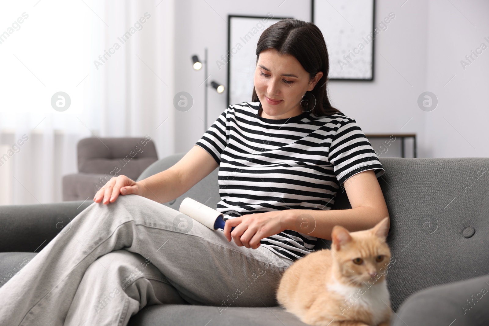 Photo of Woman with lint roller removing pet's hair from clothes and her cat on sofa at home