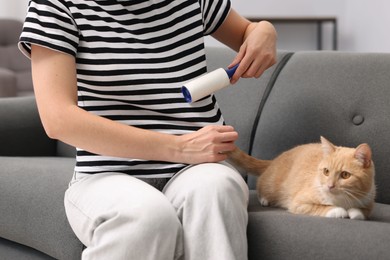 Photo of Woman with lint roller removing pet's hair from clothes and her cat on sofa at home, closeup