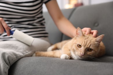 Photo of Woman with lint roller removing pet's hair from pants and stroking her cat on sofa at home, closeup