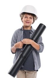 Photo of Choice of profession. Happy little boy in hardhat with drawing tube pretending to be architect on white background