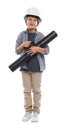 Photo of Choice of profession. Happy little boy in hardhat with drawing tube pretending to be architect on white background