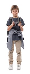 Photo of Choice of profession. Little boy with camera and backpack pretending to be photographer on white background