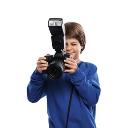 Photo of Choice of profession. Little boy with camera pretending to be photographer on white background