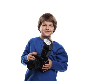 Photo of Choice of profession. Little boy with camera pretending to be photographer on white background