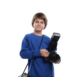 Photo of Choice of profession. Little boy with camera pretending to be photographer on white background