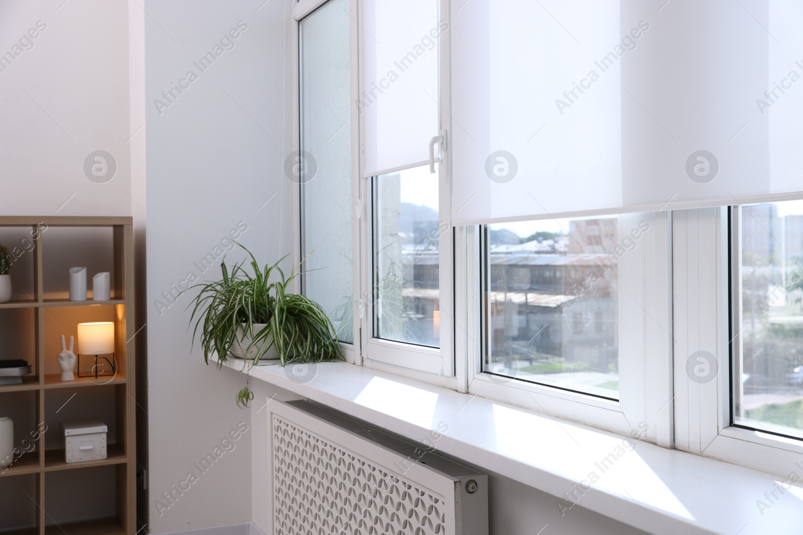 Photo of Modern window with roller blinds and decor indoors