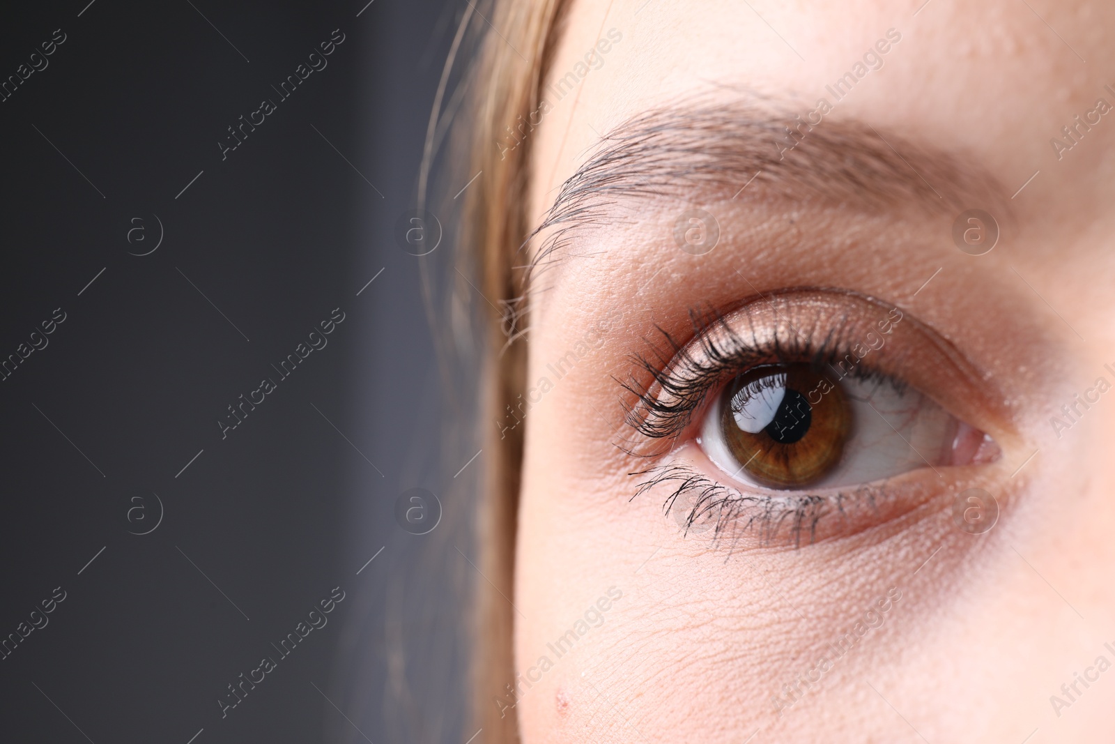 Photo of Woman with beautiful eyes on grey background, closeup. Space for text