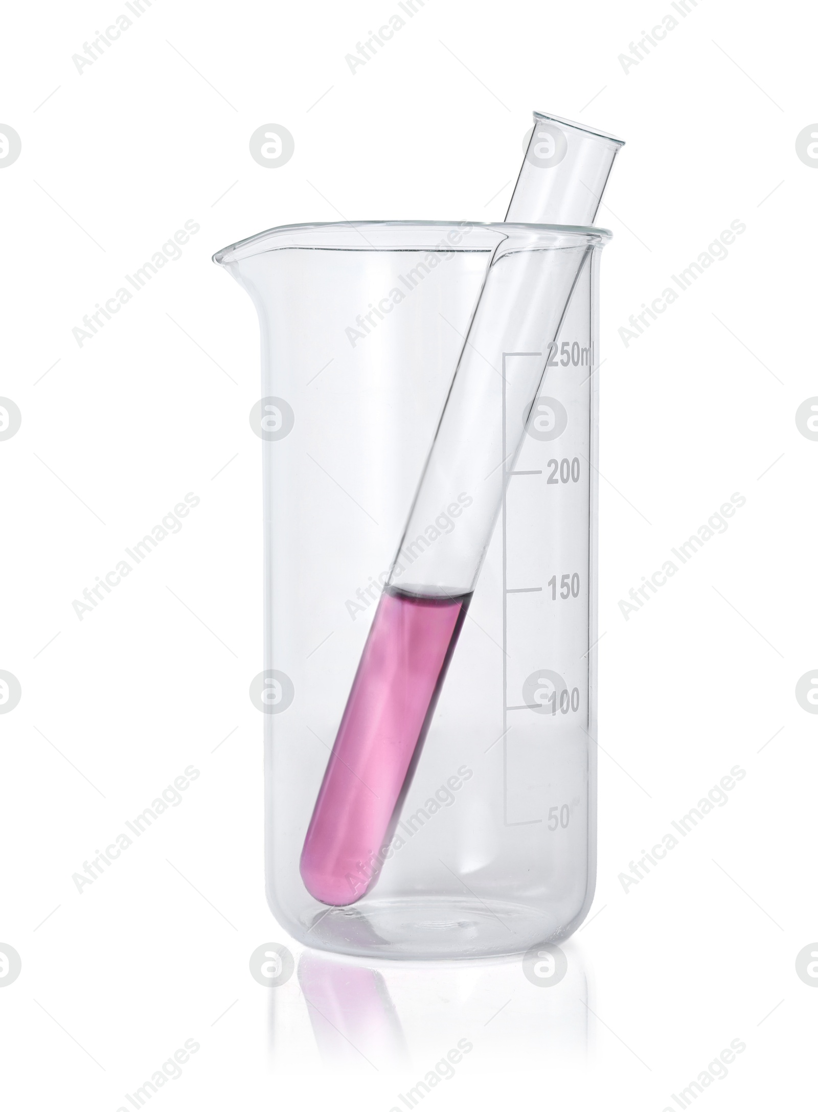Photo of Beaker and test tube with color liquid isolated on white