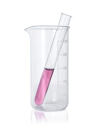 Photo of Beaker and test tube with color liquid isolated on white