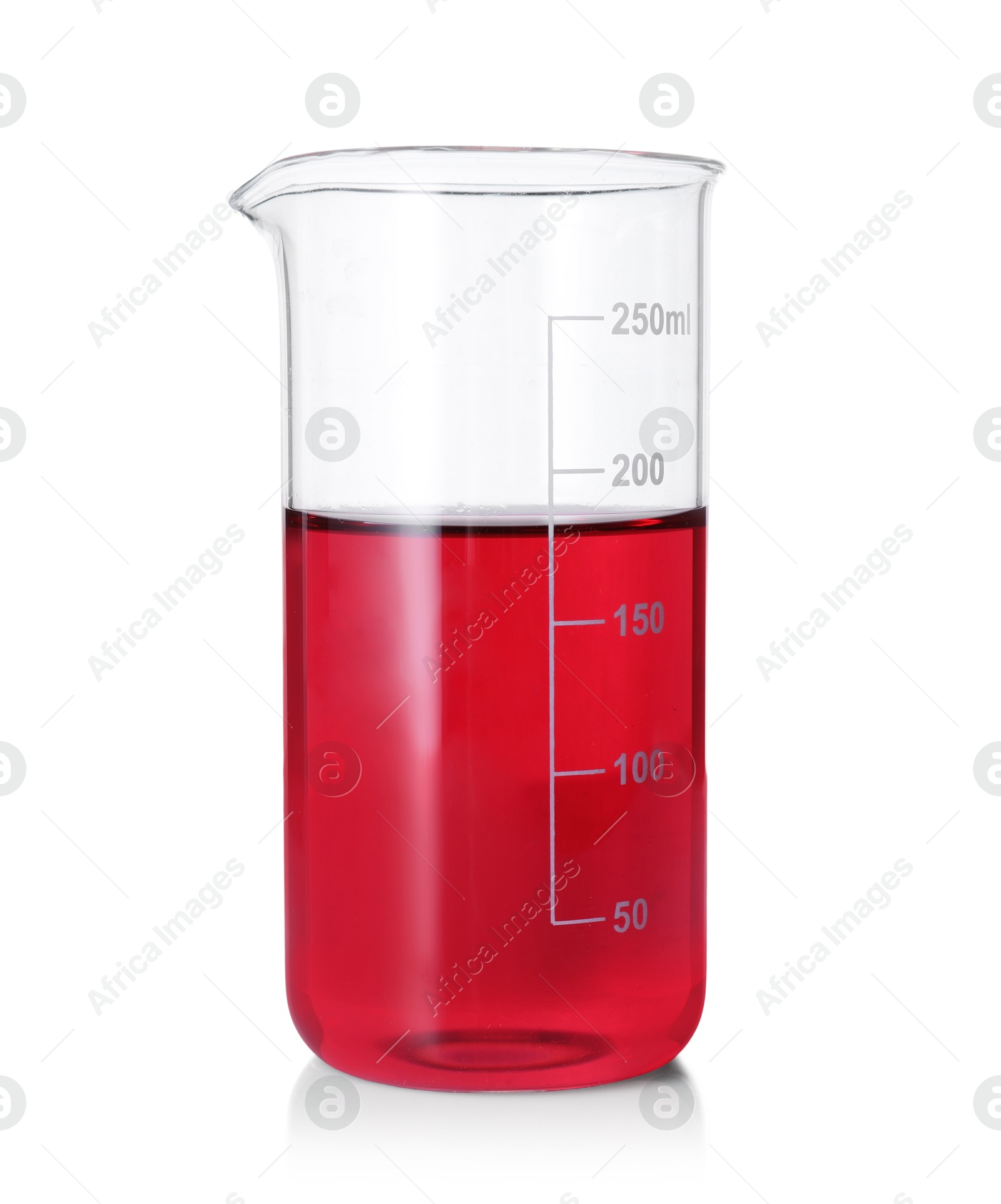 Photo of Beaker with red liquid isolated on white