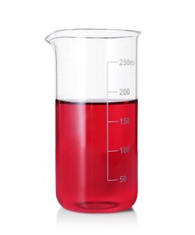 Photo of Beaker with red liquid isolated on white