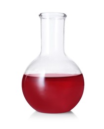 Photo of Flask with red liquid isolated on white